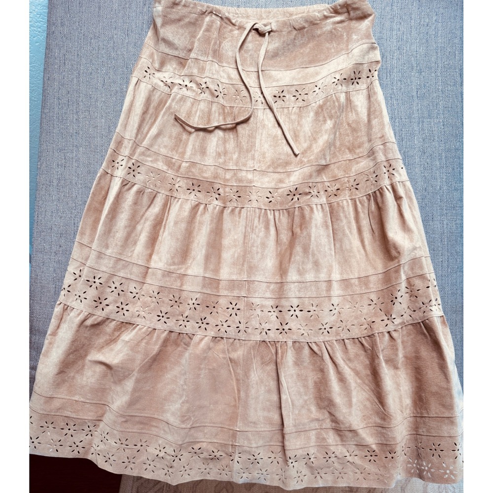 Margaret Godfrey Tan Suede Leather Eyelet Tiered Maxi Skirt Womens 10 Boho